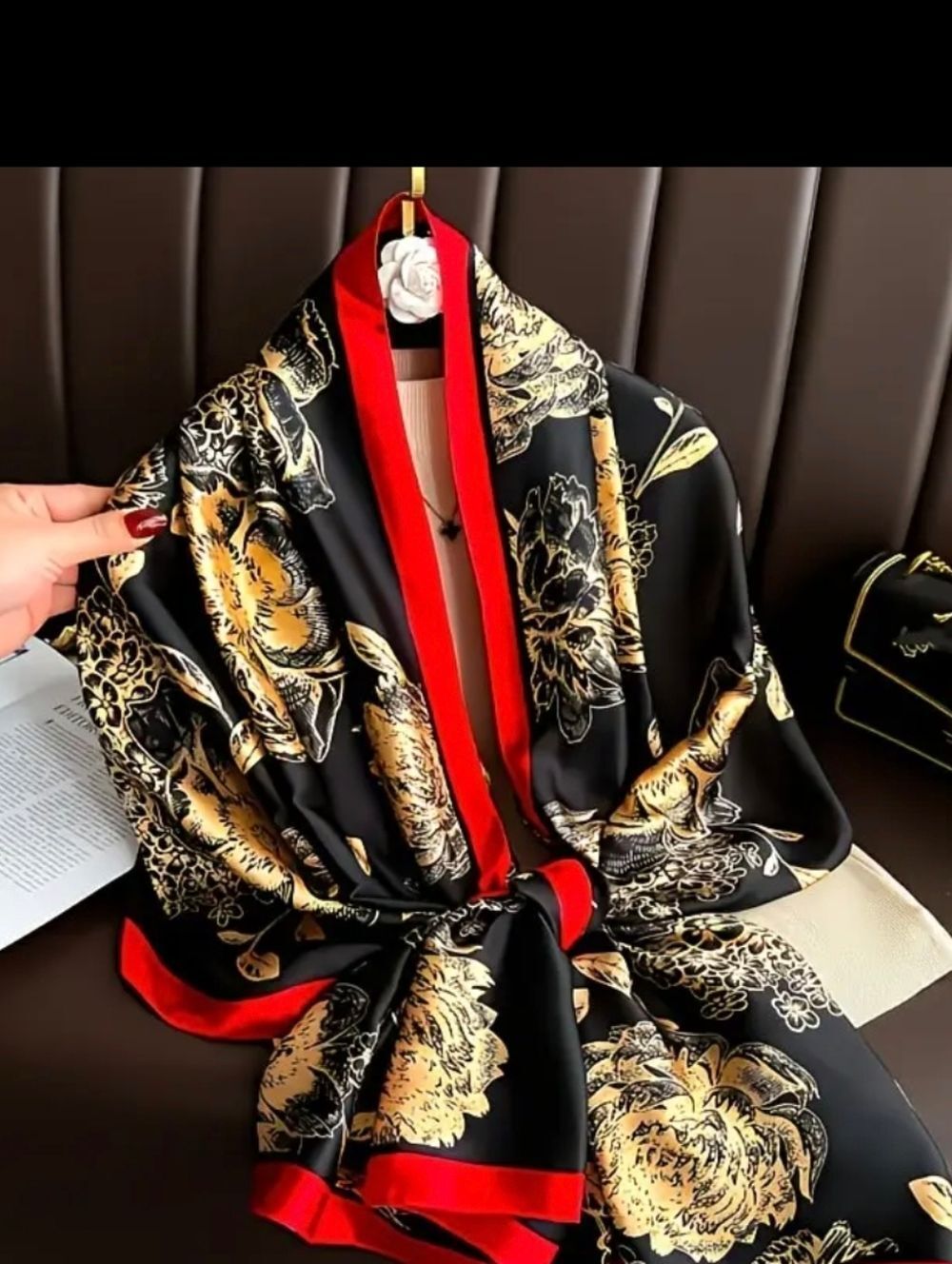 Elegant Black Red & Gold Floral Print Scarf Shawl Head Wrap